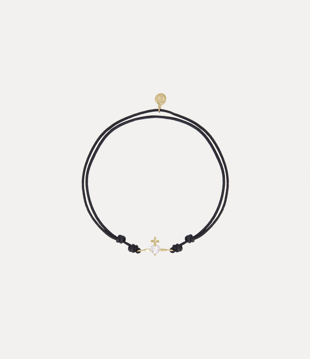 Valentine's Gold Heart Cord Bracelet - Gold / White Lab Grown Diamond / Black Fabric Cord