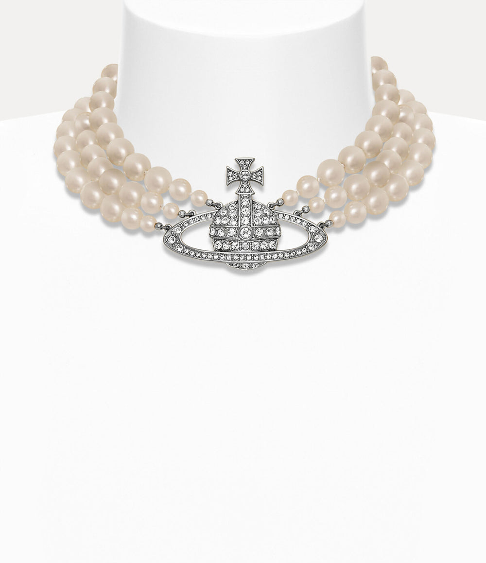 Three Row Pearl Bas Relief Choker - Platinum / Pearl / Crystal