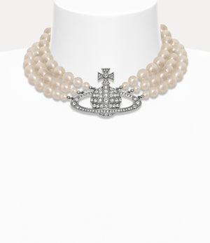 Three Row Pearl Bas Relief Choker - Platinum / Pearl / Crystal