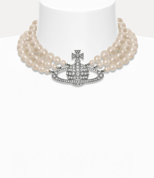 Three Row Pearl Bas Relief Choker - Platinum / Pearl / Crystal