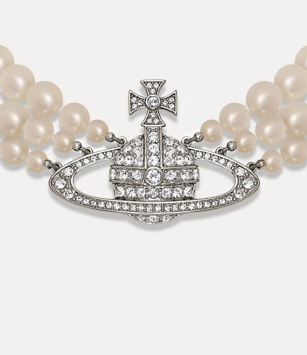Three Row Pearl Bas Relief Choker - Platinum / Pearl / Crystal