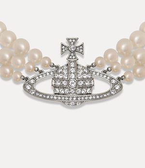 Three Row Pearl Bas Relief Choker - Platinum / Pearl / Crystal