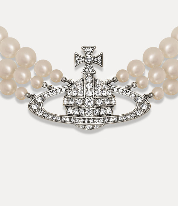 Three Row Pearl Bas Relief Choker - Platinum / Pearl / Crystal