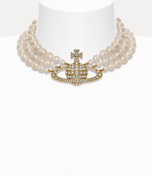 Three Row Pearl Bas Relief Choker - Gold / Pearl / Crystal
