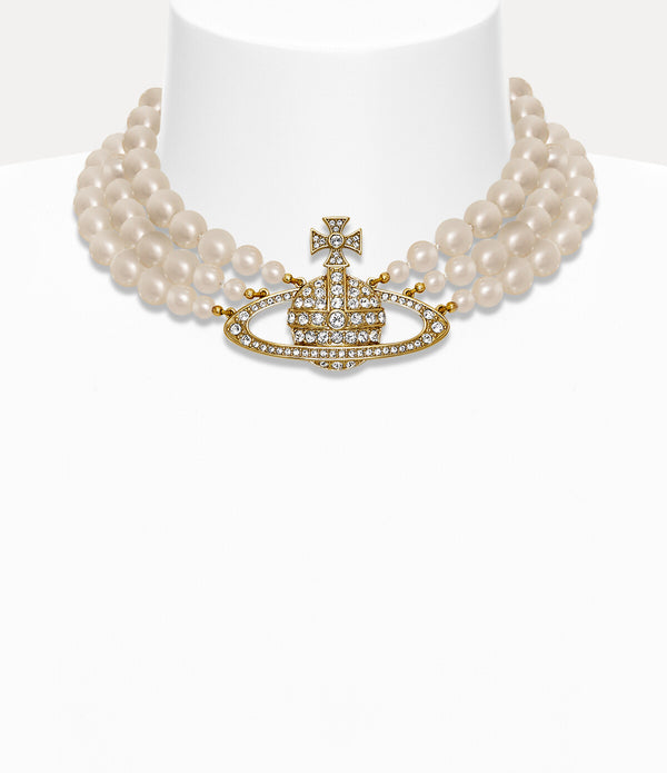 Three Row Pearl Bas Relief Choker - Gold / Pearl / Crystal