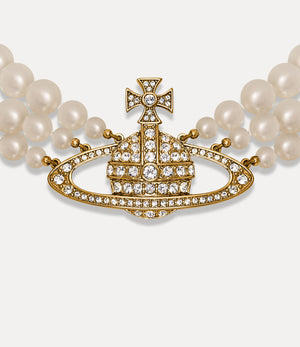 Three Row Pearl Bas Relief Choker - Gold / Pearl / Crystal
