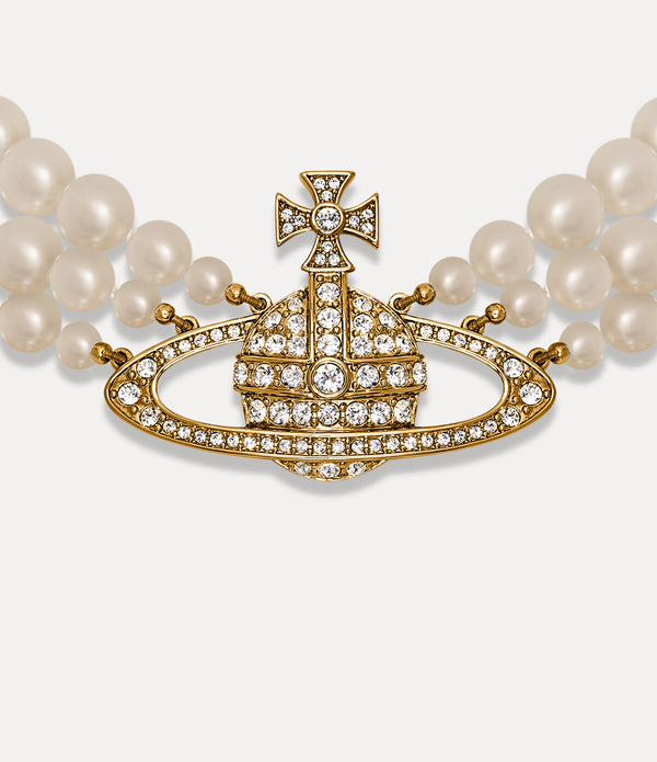 Three Row Pearl Bas Relief Choker - Gold / Pearl / Crystal